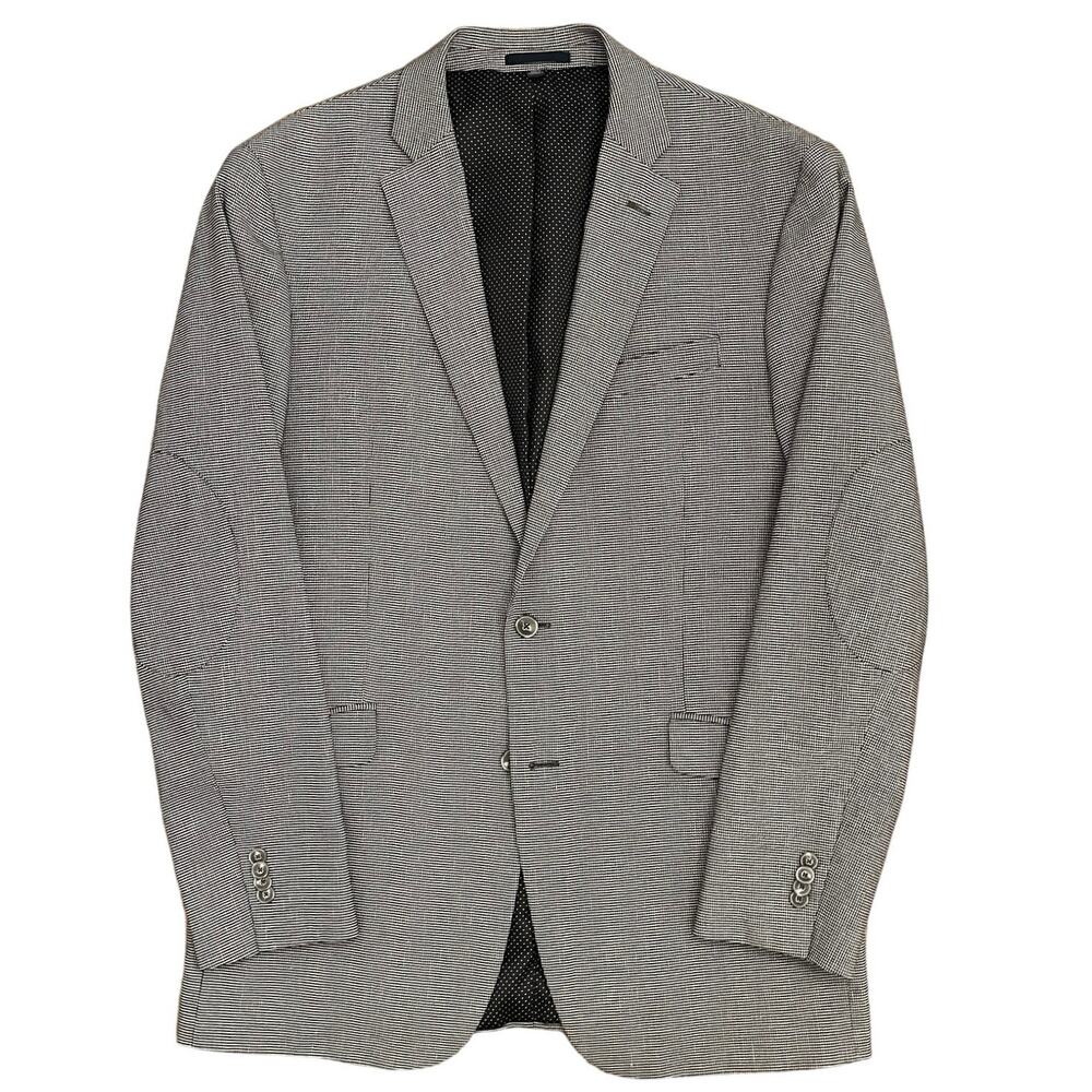 Jos A Bank Linen Cotton Houndstooth Blazer 40L Tailored Fit Elbow Patches Black